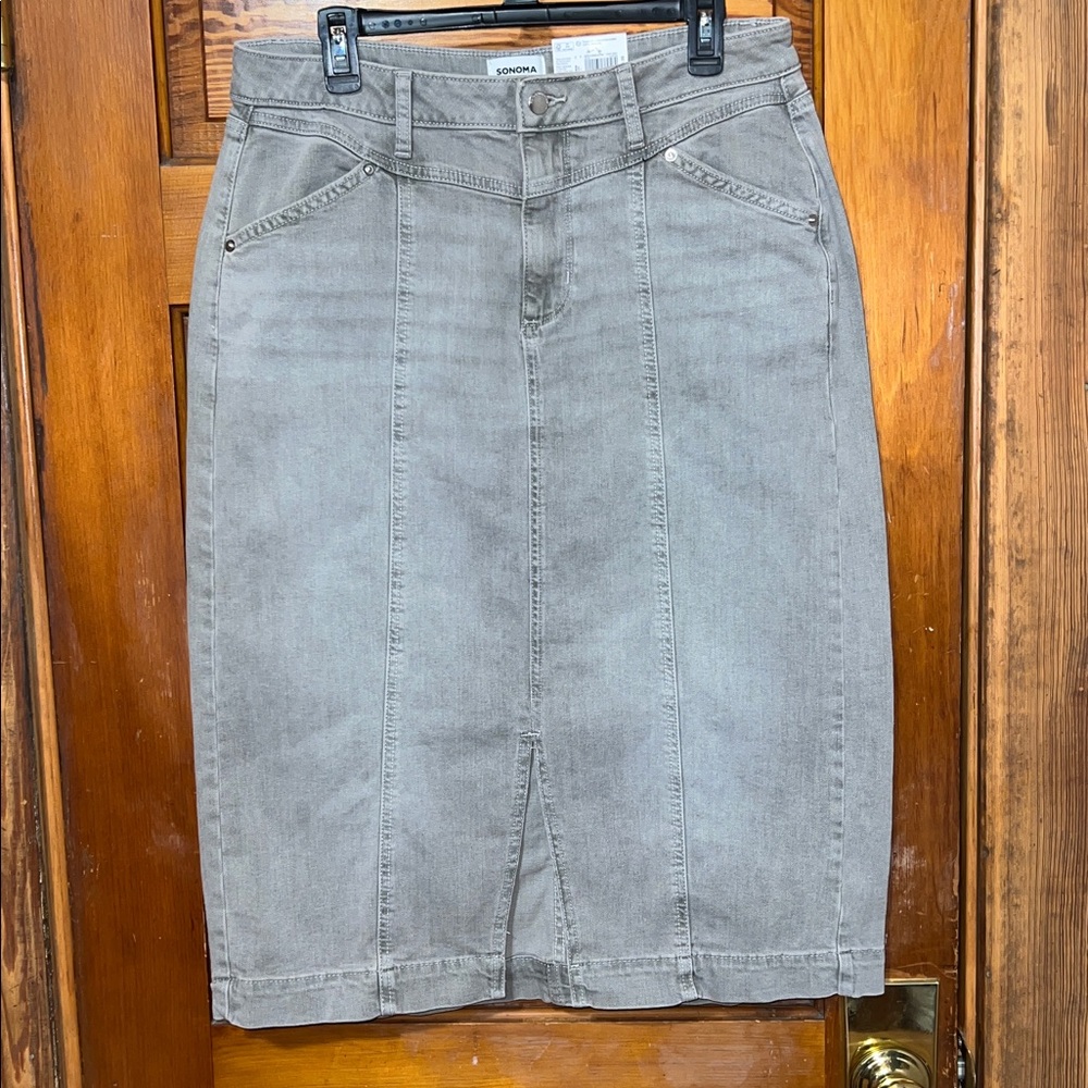 NWT Sonoma Denim Skirt High Rise Midi Length Light Grey With Pockets